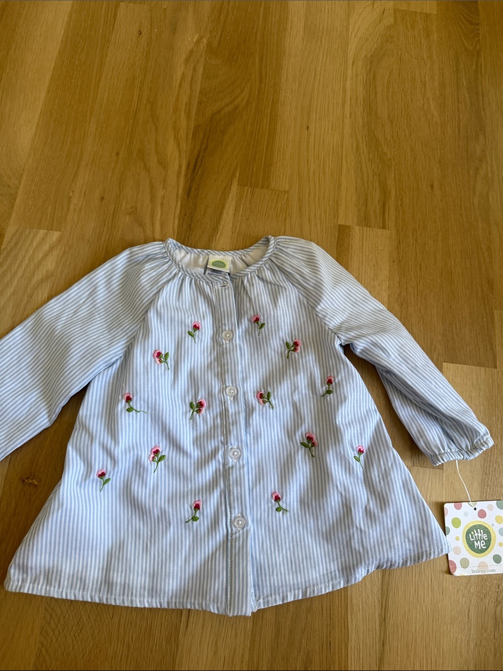 Little Me Blue Striped Button-Front Top with Pink Floral Embroidery
